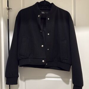 Zara Jersey Knit Classic Cropped Bomber Jacket Coat Silver Button Down Size S